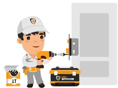 Графический рисунок, где изображен человек, устанавливающий замок