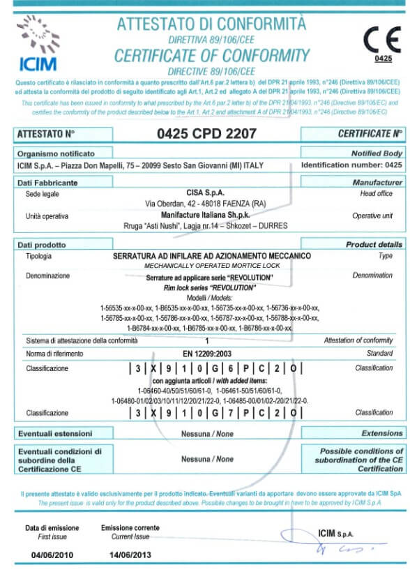 Сертифікат гарантії якості двосистемних замків CISA