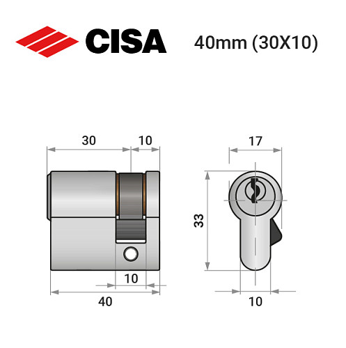 Циліндр половинка CISA C2000 40 (30*10) нікель матовий 3 ключі - Фото №12