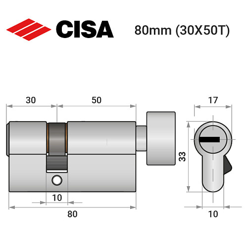 Циліндр CISA ASIX P8 80T (30*50T) нікель матовий 5 ключів - Фото №9