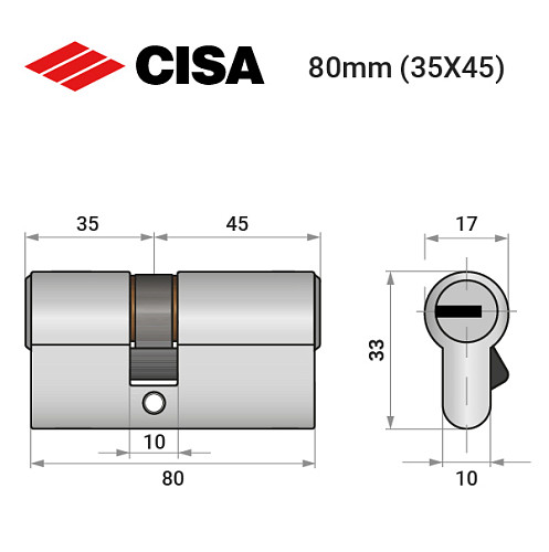 Циліндр CISA ASIX P8 80 (35*45) нікель матовий 3 ключі - Фото №9