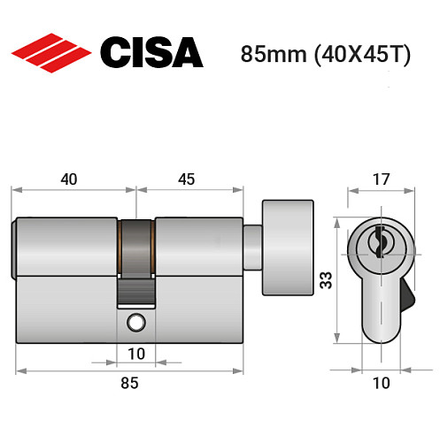 Циліндр CISA C2000 85T (40*45T) нікель матовий - Фото №10