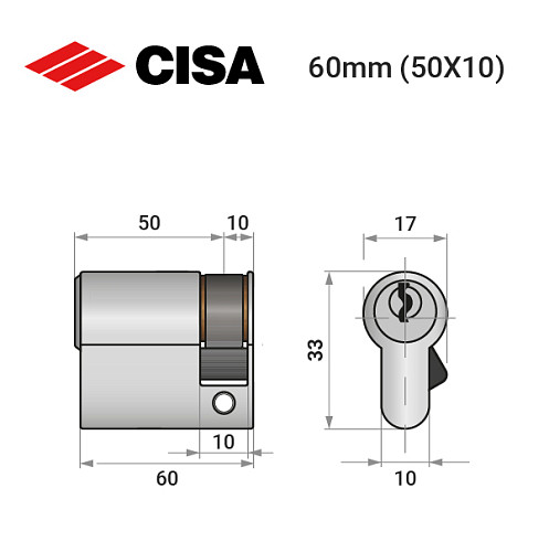 Циліндр половинка CISA C2000 60 (50*10) нікель матовий - Фото №7