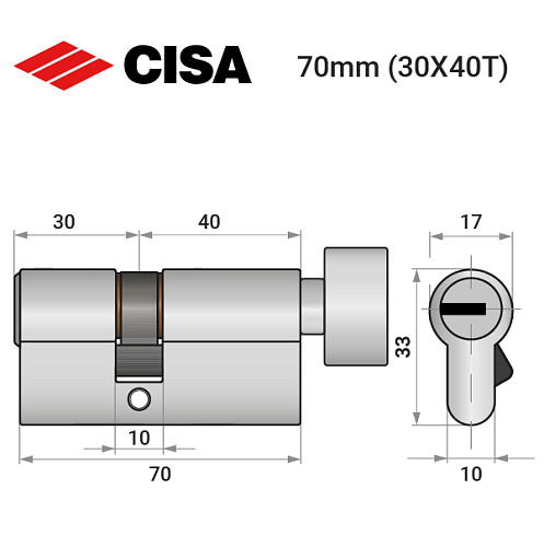 Циліндр CISA ASIX P8 70T (30*40T) нікель матовий 5 ключів - Фото №9