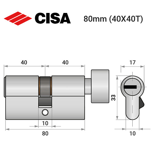 Циліндр CISA ASIX P8 80T (40*40T) нікель матовий 5 ключів - Фото №9