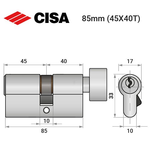 Цилиндр CISA C2000 85T (45*40T) никель матовый 3 ключа - Фото №10