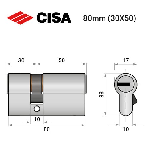 Цилиндр CISA ASIX P8 80 (30*50) никель матовый 3 ключа - Фото №9