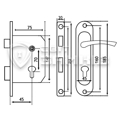 Комплект замка KEDR 1523-M60 (BS45*70мм) AB старая бронза - Фото №3