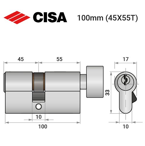 Цилиндр CISA C2000 100T (45*55T) никель матовый 3 ключа - Фото №10