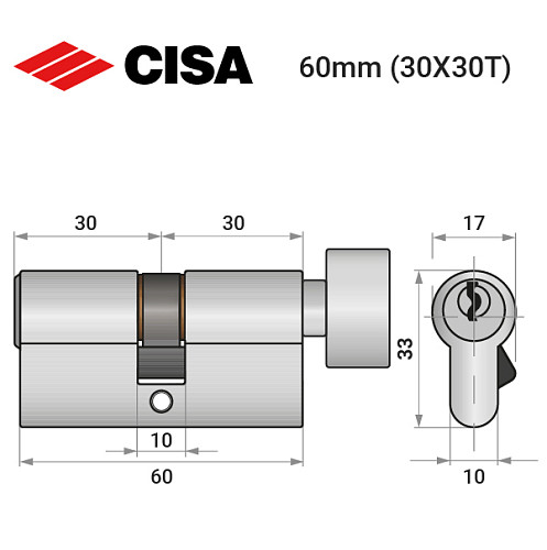 Цилиндр CISA C2000 60T (30*30T) никель матовый - Фото №10