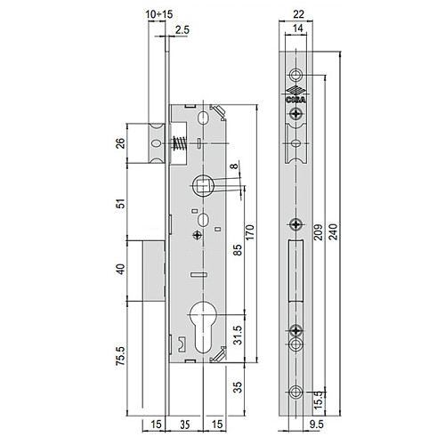Механізм замка CISA 44661.35.0.20 язичок (BS35*85мм, 22 мм) нержавіюча сталь - Фото №7