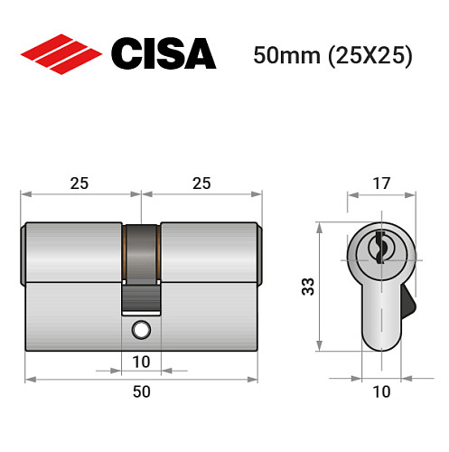 Циліндр CISA C2000 50 (25*25) нікель матовий - Фото №8