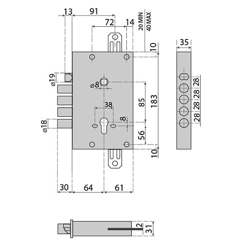 Механізм замка CISA 56415 (BS64*85мм) 56435 без торцевої планки - Фото №6
