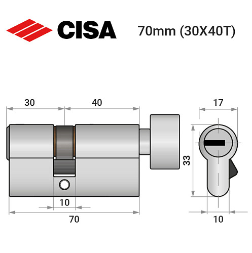 Циліндр CISA ASIX P8 70T (30*40T) нікель матовий - Фото №9