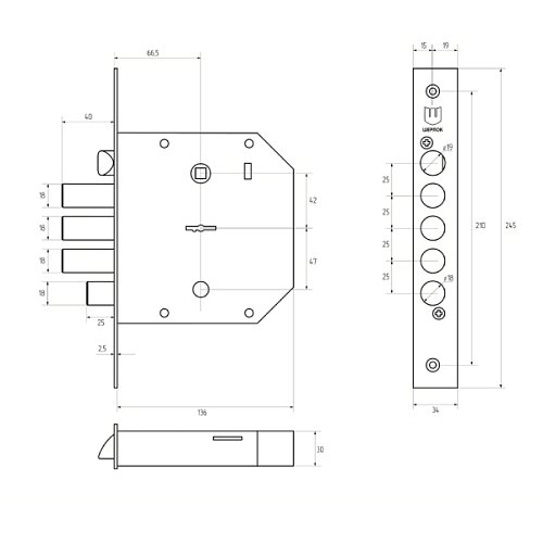 Механізм замка SHERLOCK 641 правий (BS66,5*42мм) 5 ключів - Фото №5