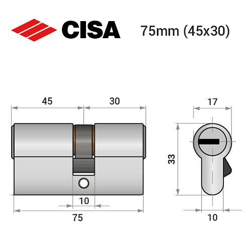 Циліндр CISA ASIX P8 PRO 75T (45*30T) зі штоком нікель матовий 5+1 ключ - Фото №9