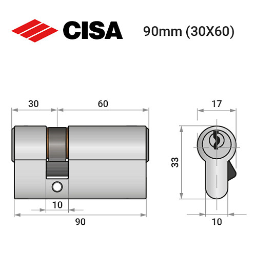 Циліндр CISA C2000 90 (30*60) нікель матовий - Фото №8