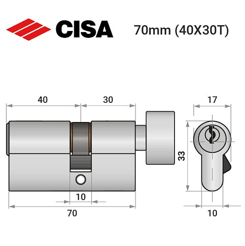Цилиндр CISA C2000 70T (40*30T) никель матовый 5 ключей - Фото №10