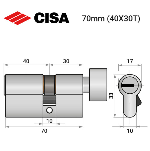 Циліндр CISA ASIX P8 70T (40*30T) нікель матовий - Фото №9
