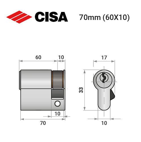 Цилиндр половинка CISA C2000 70 (60*10) никель матовый - Фото №12