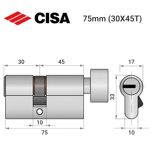Циліндр CISA ASIX P8 75T (30*45T) нікель матовий 3 ключі - Фото №9