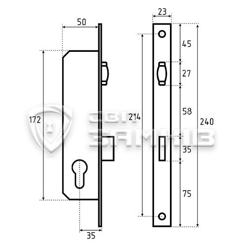 Механізм замка KALE 155 U-35 (BS35мм) хром - Фото №5