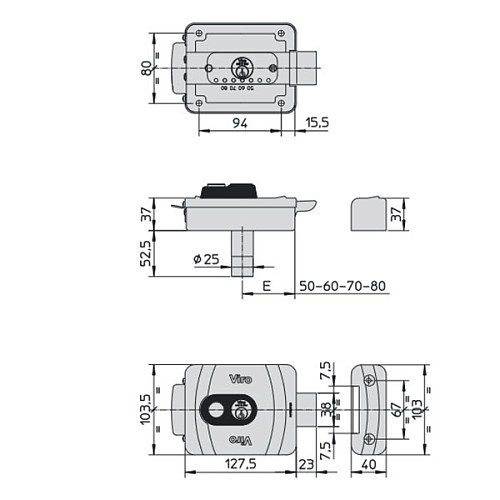 Електромеханічний замок VIRO V9083.0794P накладний (BS50/60/70/80мм) відкривання всередину чорний - Фото №8