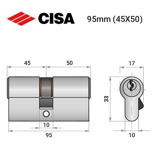 Циліндр CISA C2000 95 (45*50) нікель матовий 3 ключі - Фото №8