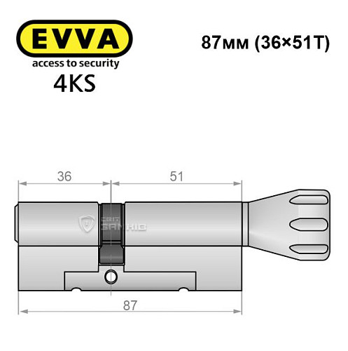 Цилиндр EVVA 4KS 87T (36*51T) никель сатин 3 ключа - Фото №8