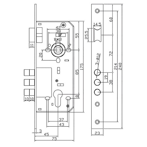 Механизм замка SANTOS 2800R-3M (BS45*85мм) - Фото №8