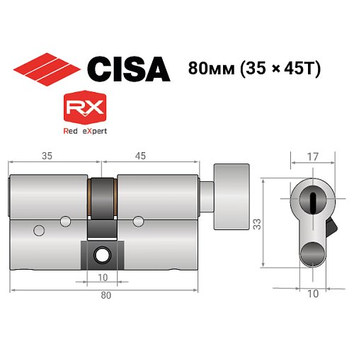 Цилиндр CISA RX (модульный) 80T (35*45T) никель матовый 5 ключей - Фото №15