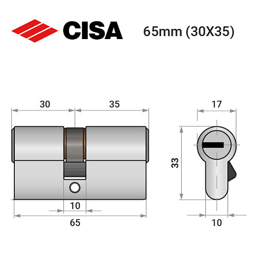 Цилиндр CISA ASIX P8 65 (30*35) никель матовый - Фото №9