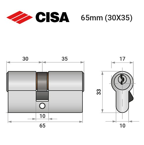 Цилиндр CISA C2000 65 (30*35) никель матовый 3 ключа - Фото №8