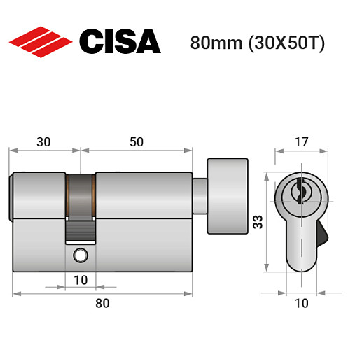 Циліндр CISA C2000 80T (30*50T) нікель матовий - Фото №10