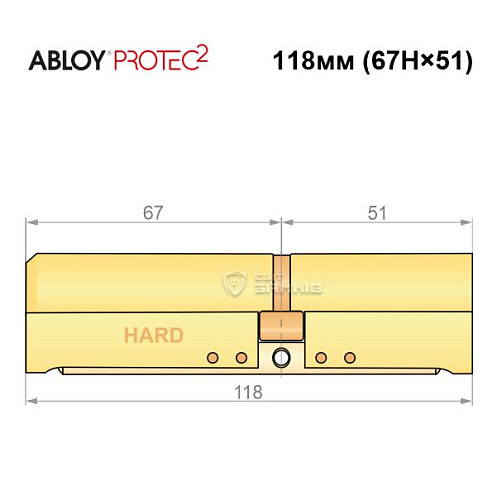 Циліндр ABLOY Protec2 118 (67H*51) (H - гартована сторона) латунь полірована - Фото №6