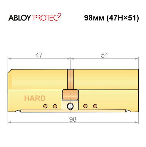 Цилиндр ABLOY Protec2 98 (47H*51) (H - закаленная сторона) латунь полированная - Фото №6
