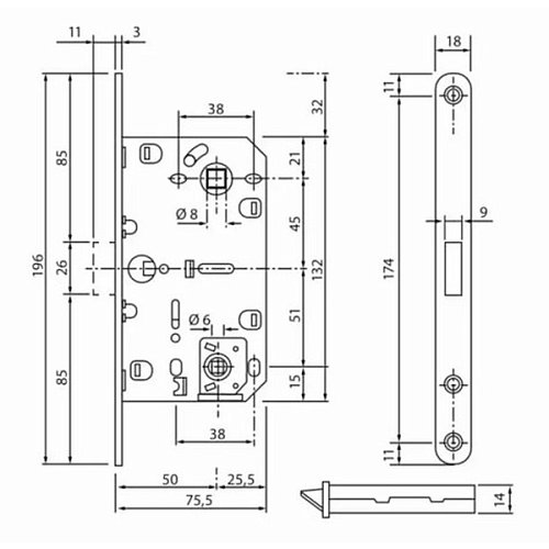 Механізм замка SIBA MLK-04 (Polaris) Magnet (BS50*96мм) WC магніт.язичок SN матовий білий - Фото №5