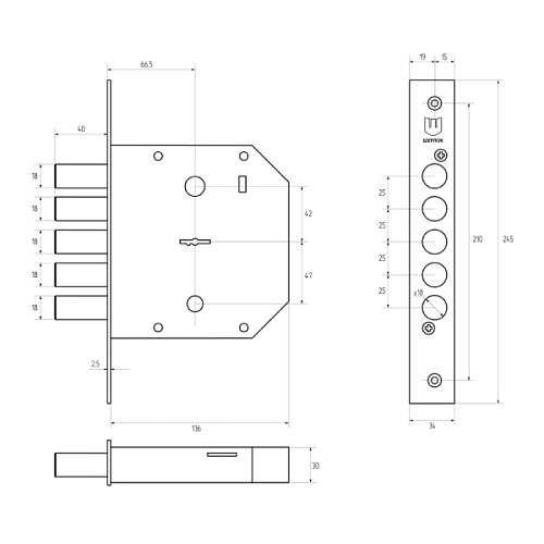 Механизм замка SHERLOCK 601 (BS66,5мм) 5 ключей - Фото №5