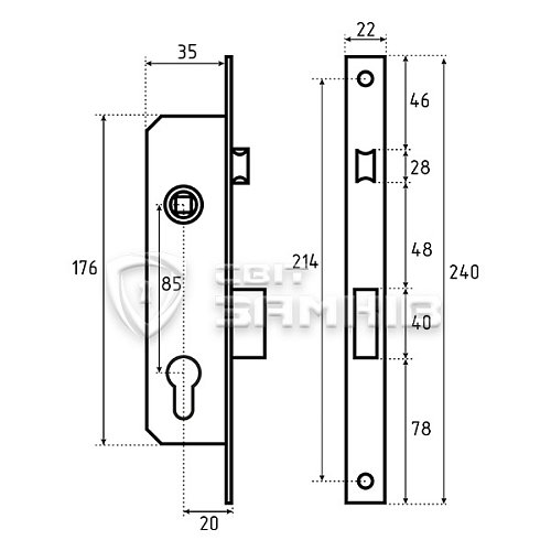 Механізм замка SANTOS 726 (BS20*85мм, 22мм) матовий хром - Фото №5