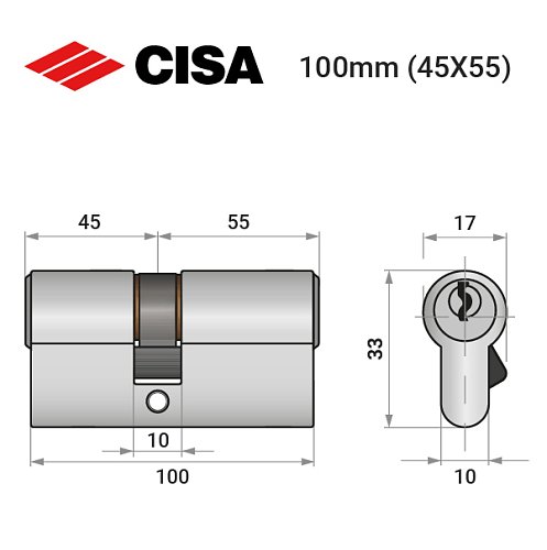 Циліндр CISA C2000 100 (45*55) нікель матовий 3 ключі - Фото №8