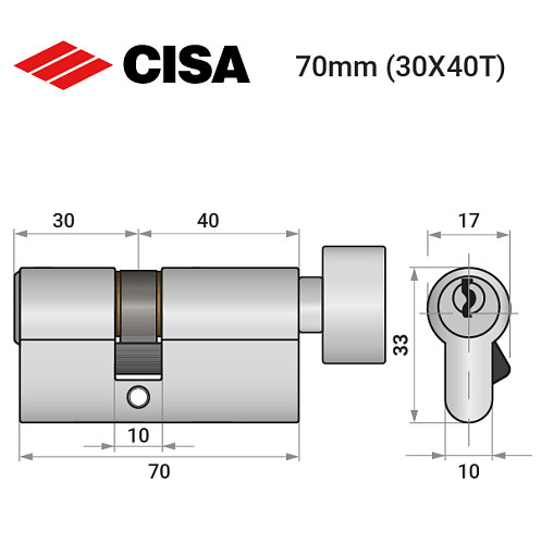 Цилиндр CISA C2000 70T (30*40T) никель матовый - Фото №10