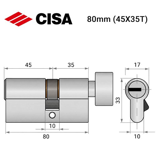 Циліндр CISA ASIX P8 80T (45*35T) нікель матовий 3 ключі - Фото №9