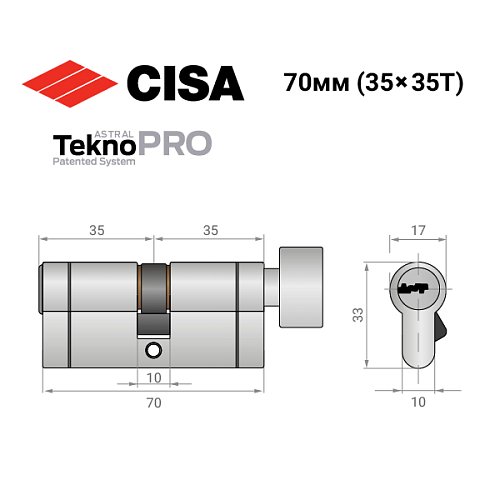 Циліндр CISA Astral Tekno PRO 70T (35*35T) нікель матовий 3 ключі - Фото №13