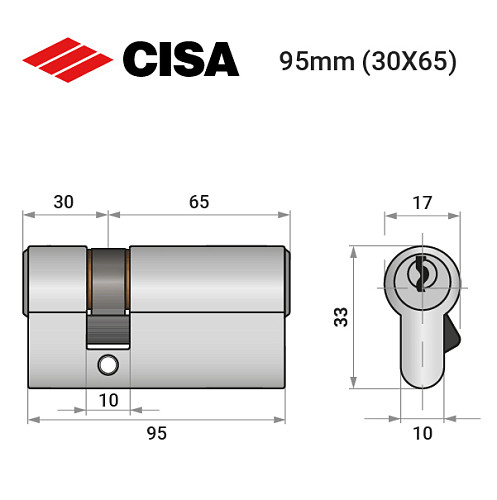 Цилиндр CISA C2000 95 (30*65) никель матовый - Фото №8
