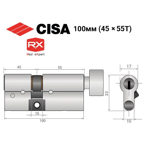 Цилиндр CISA RX (модульный) 100T (45*55T) никель матовый 3 ключа - Фото №15