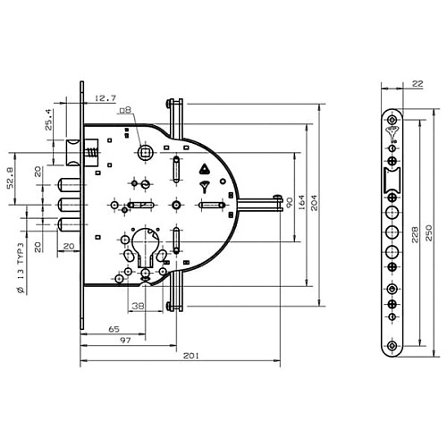 Механизм замка MUL-T-LOCK M235 / M267 4-х направленный (BS65 * 90мм) хром полированный без об.планки - Фото №5