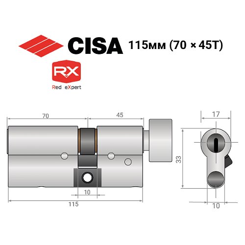 Циліндр CISA RX (модульний) 115T (70*45T) нікель матовий 3 ключі - Фото №14