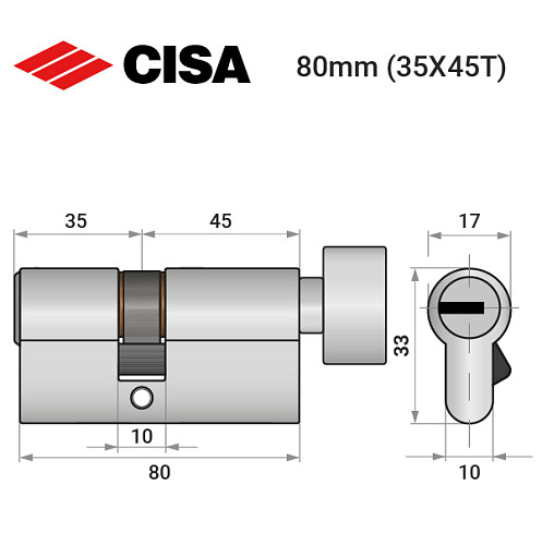 Циліндр CISA ASIX P8 80T (35*45T) нікель матовий 3 ключі - Фото №9