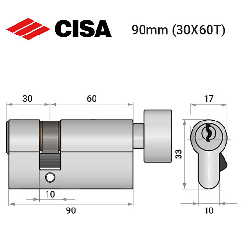 Циліндр CISA C2000 90T (30*60T) нікель матовий 3 ключі - Фото №10