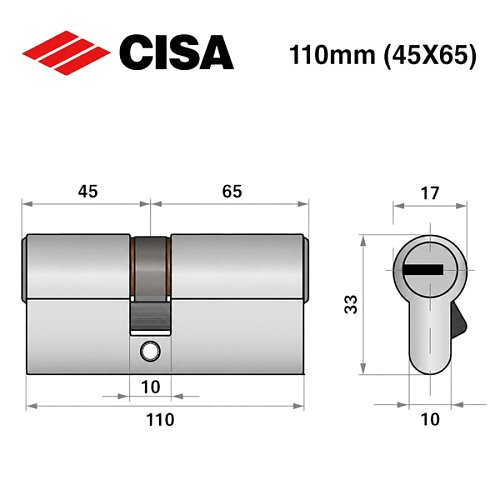 Цилиндр CISA ASIX P8 110 (45*65) никель матовый 3 ключа - Фото №9